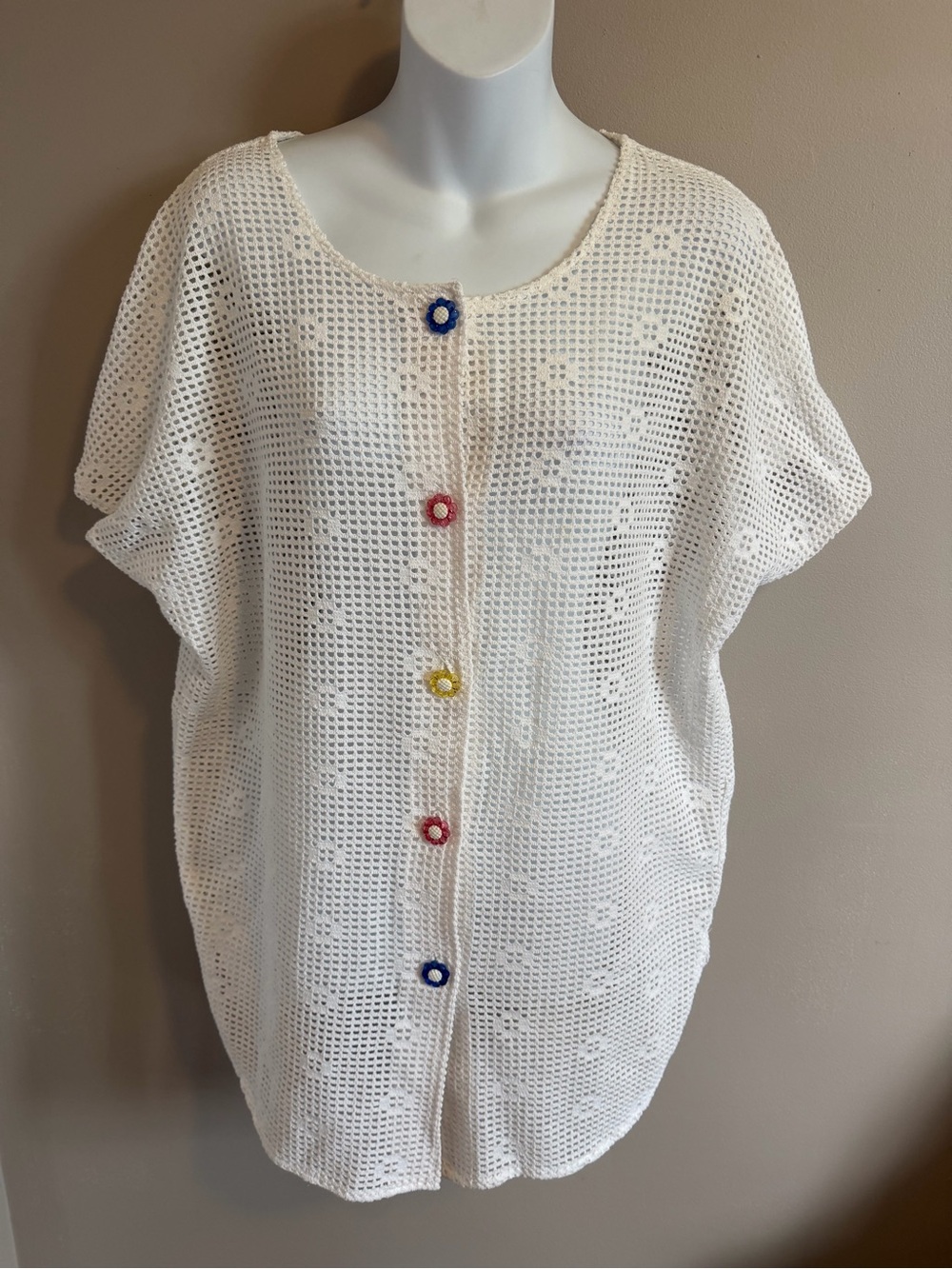 Vintage 90s White Mesh Daisy Button Cover Up Small - Picture 2 of 7